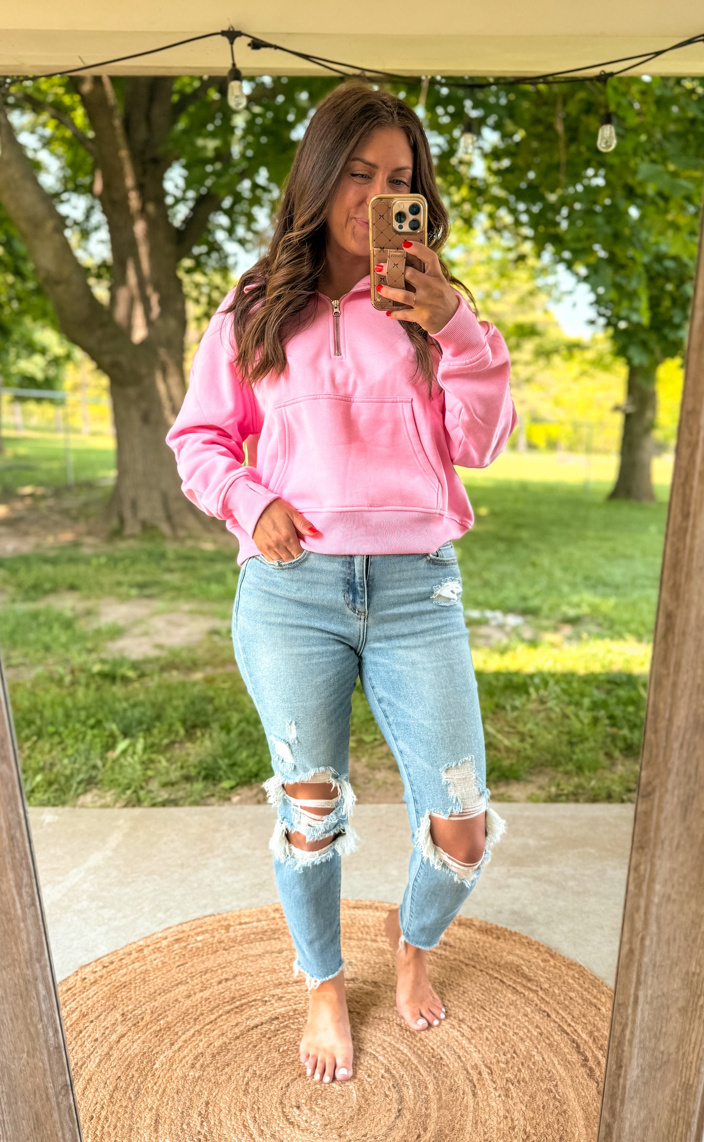 Sweet Pea Pink Pilates Detailed Waist Length Quarter Zip Hoodie