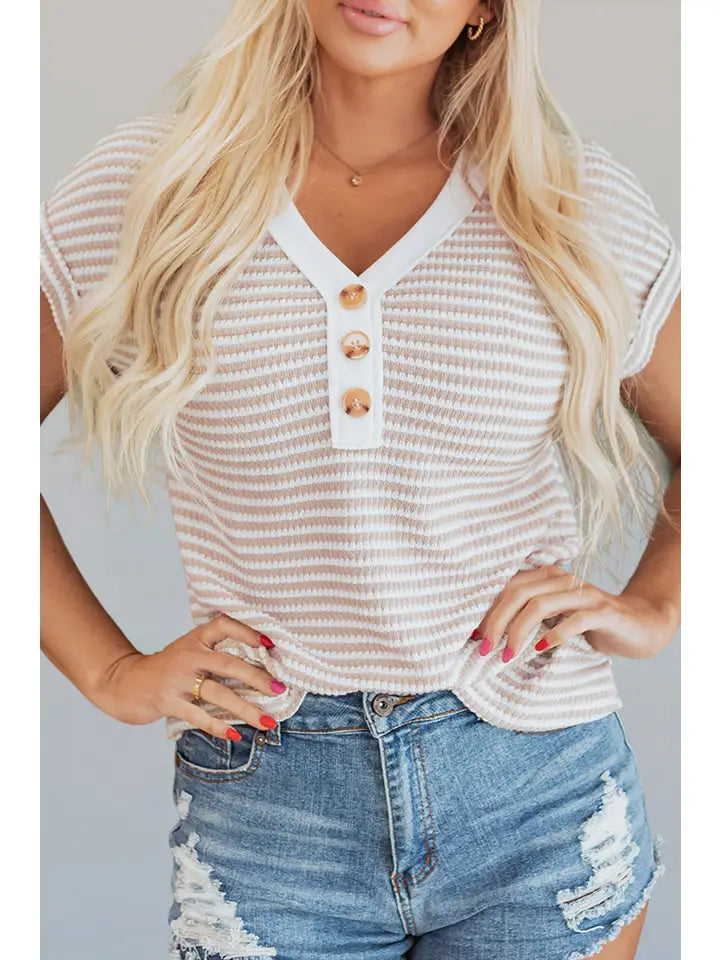 Striped Knit Buttoned V-Neck Top