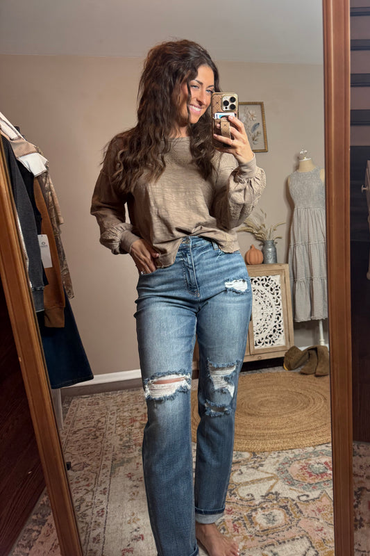 Washed Lace Long Sleeve Top