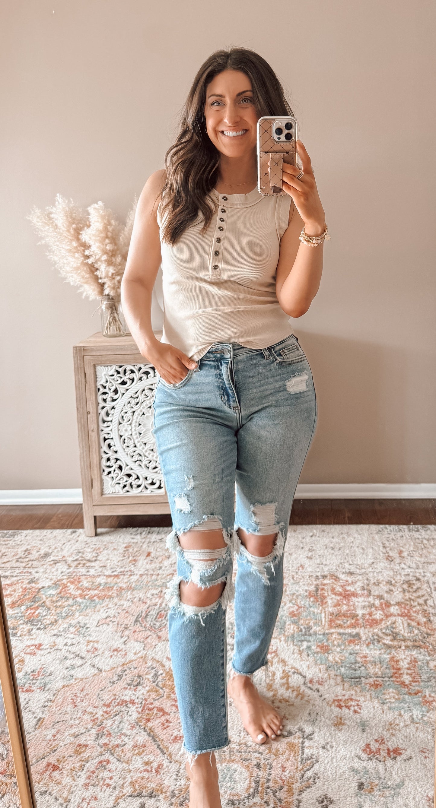 WASHED SLEEVELESS HENLEY KNIT TANK TOP