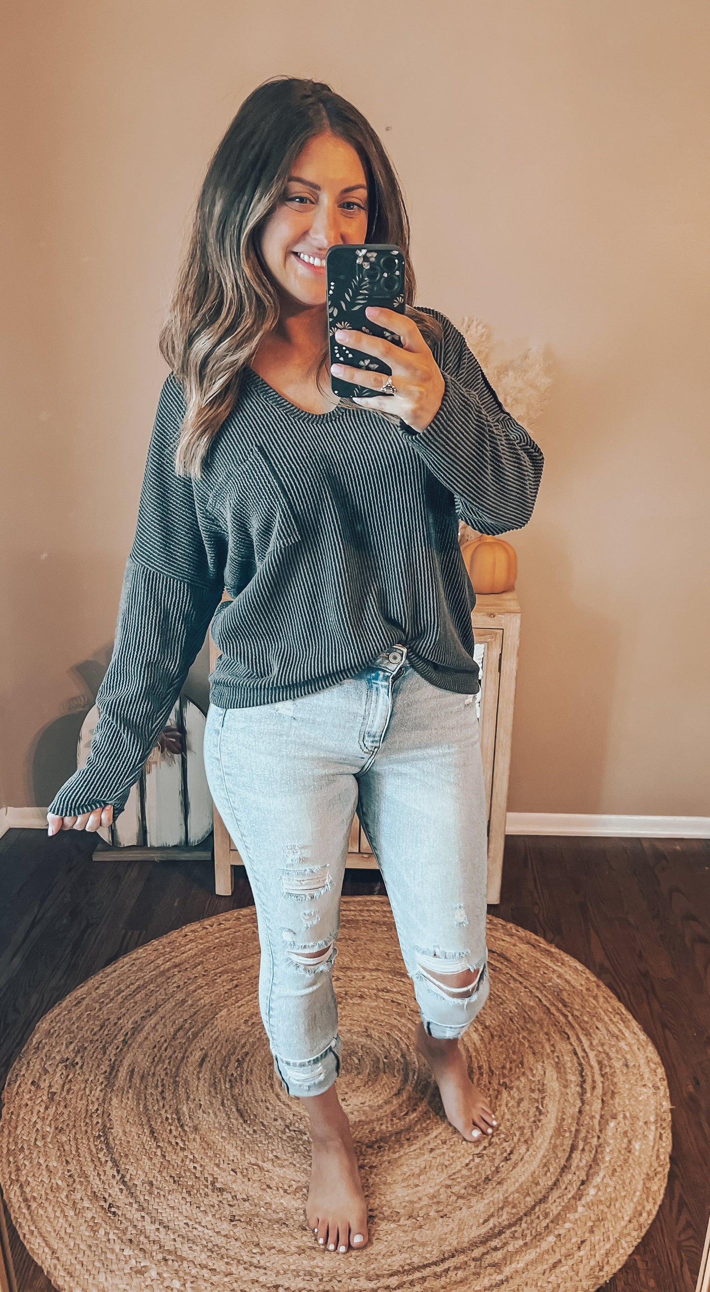 Ribbed Scoop V Neck Long Sleeve Top