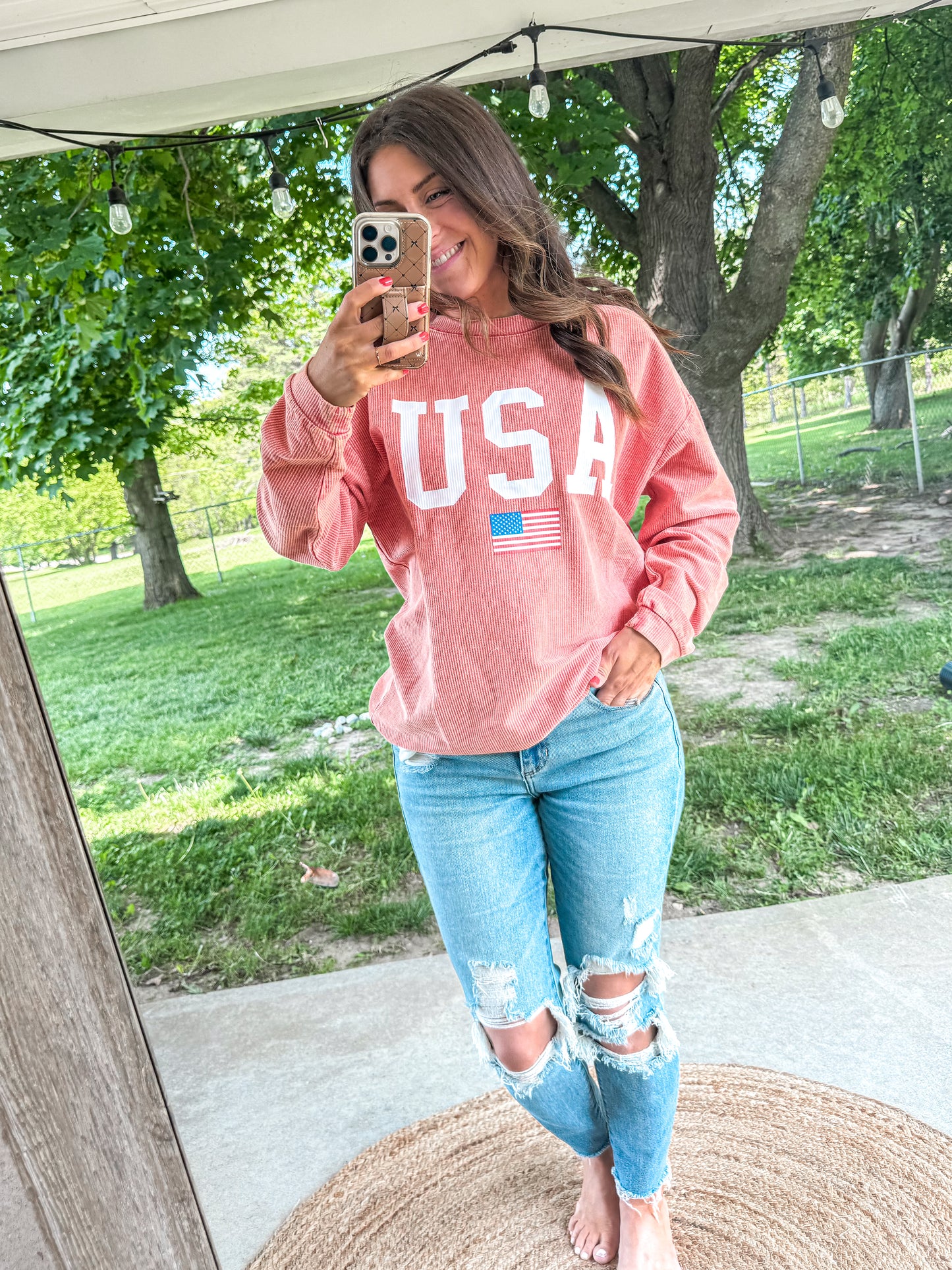 USA RIBBED SWEATSHIRT  Lightweight Patriotic Women’s Long Sleeve Top