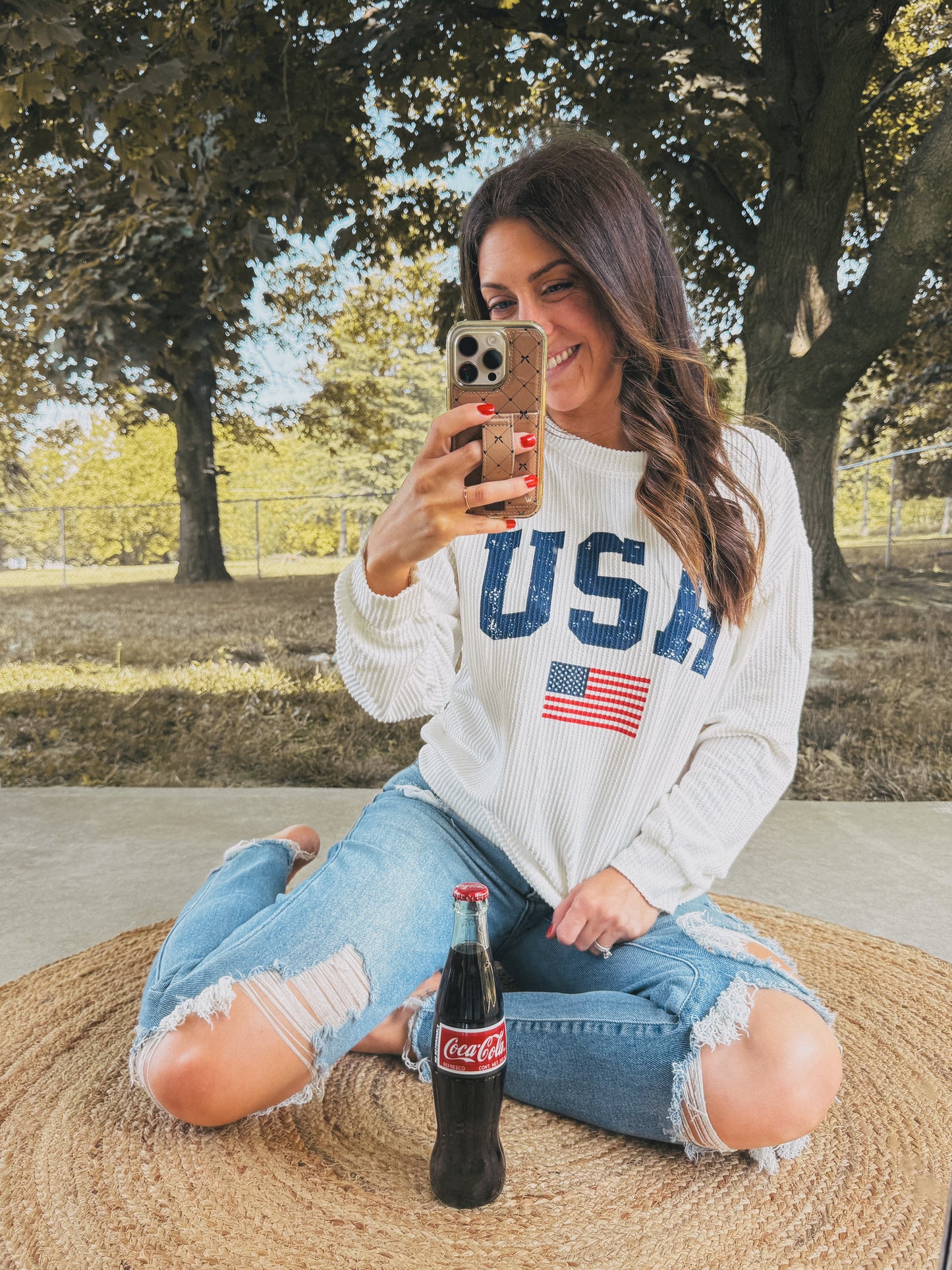 USA Ribbed Long Sleeve Shirt Lightweight Patriotic Sweatshirt Style