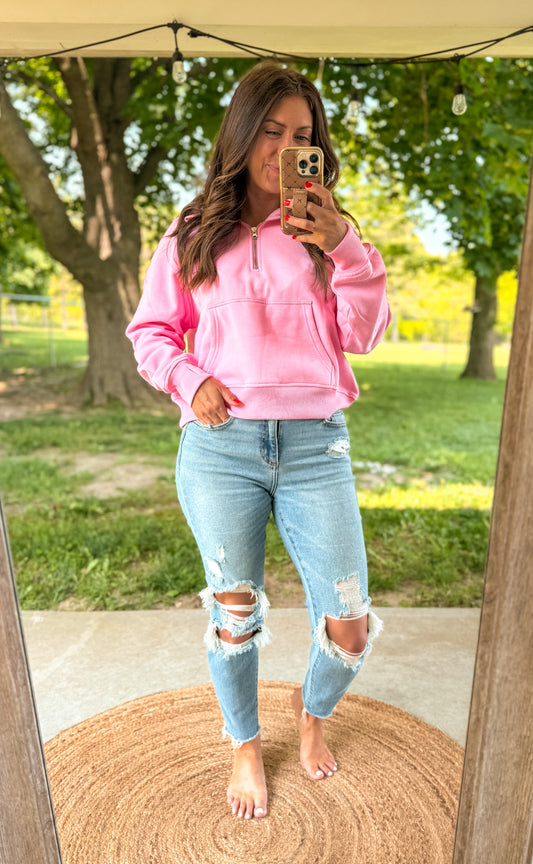 Sweet Pea Pink Pilates Detailed Waist Length Quarter Zip Hoodie