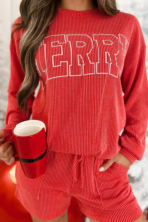 Merry Red Corded Graphic Long Sleeve Top and Shorts Set