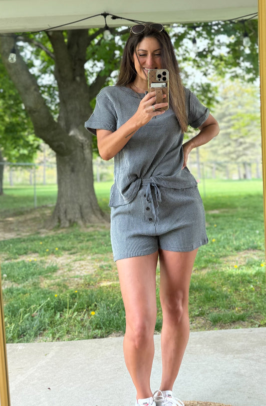 Waffle Knit Buttoned Top and Drawstring Shorts Set