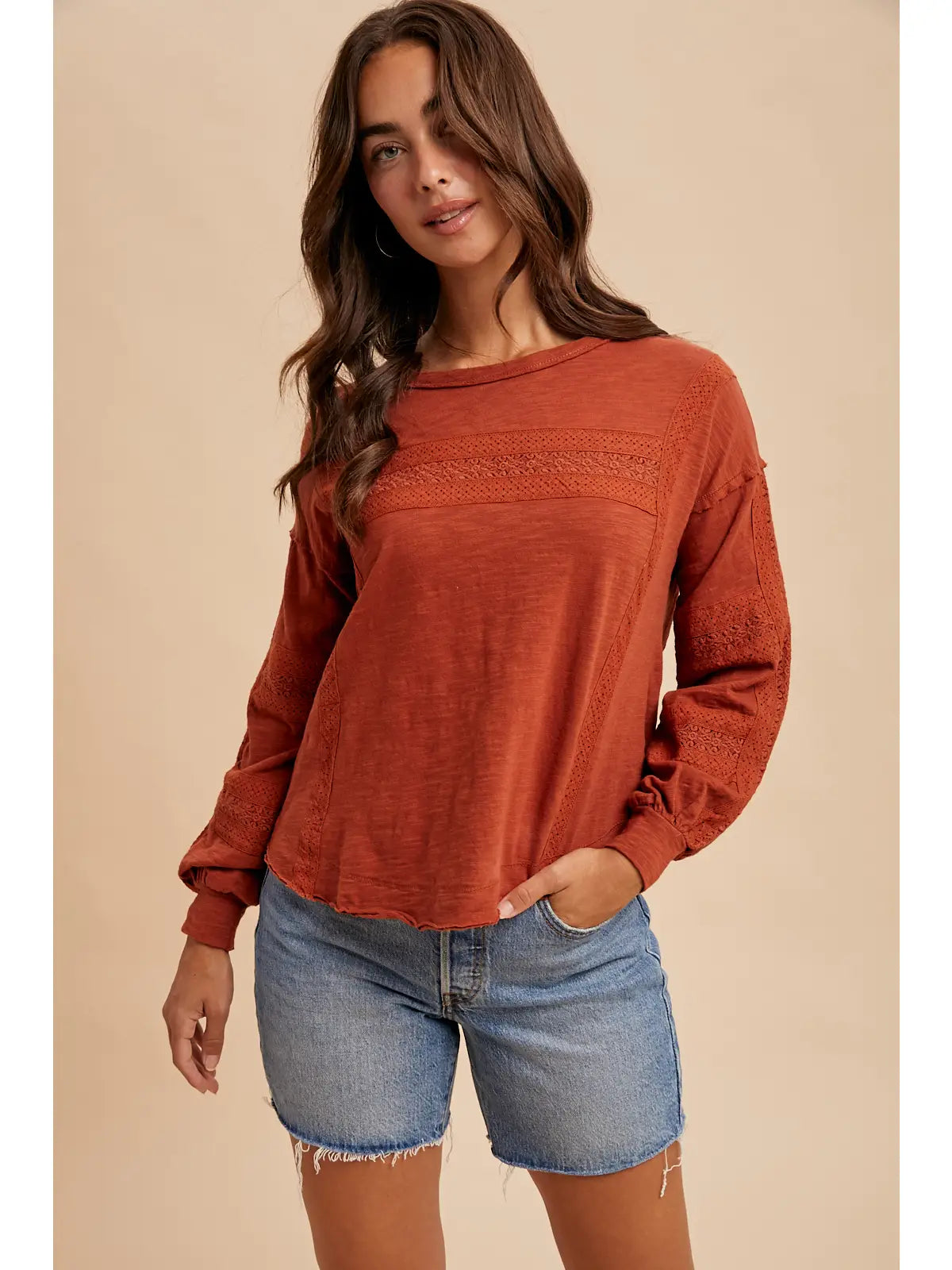 Washed Lace Long Sleeve Top
