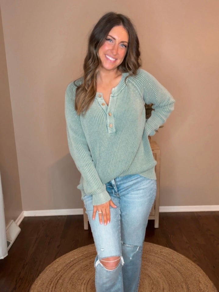 Washed Yarn Henley Neck Half Button Up Sweater