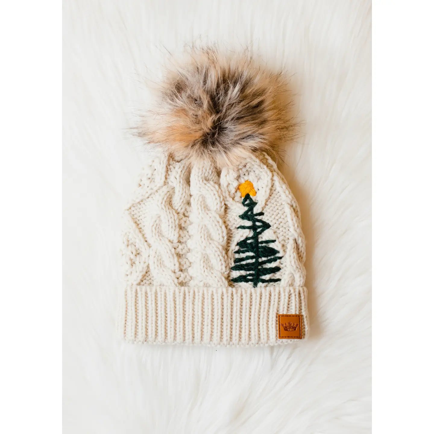 Cable Knit Pom Hat w/ Embroidered Tree