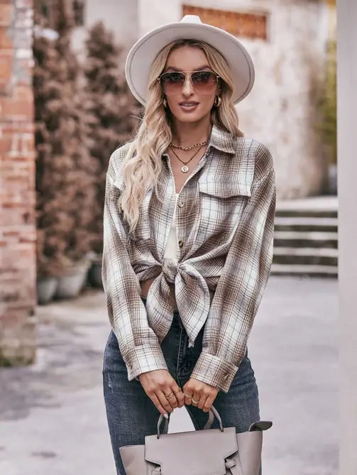 Coffee Plaid Oversized Button Down Top
