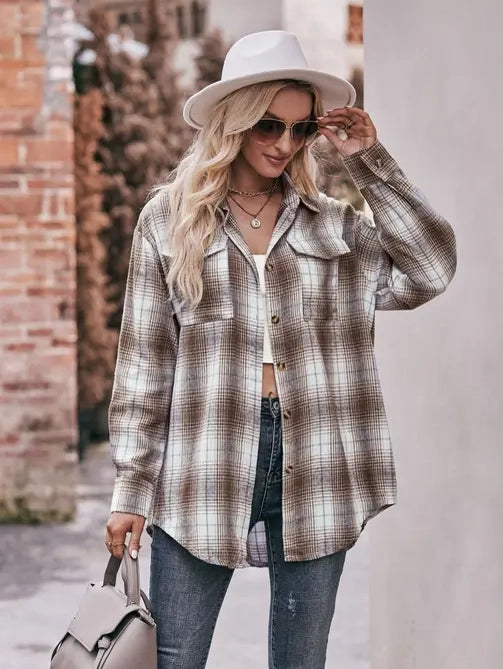 Coffee Plaid Oversized Button Down Top