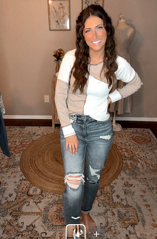 Colorblock Seamed Ribbed Knit Top